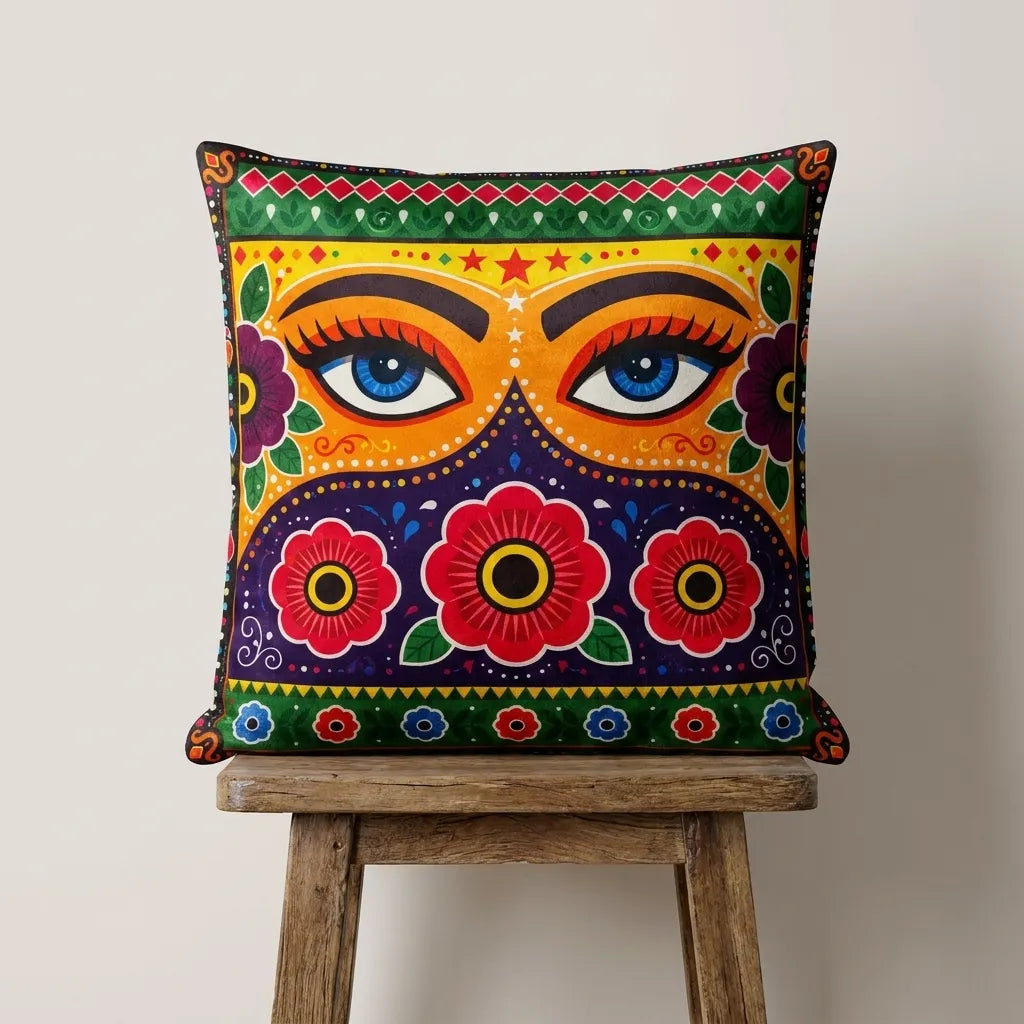 Truck Art Eyes – Premium Velvet Suede Cushion Cover (16x16)