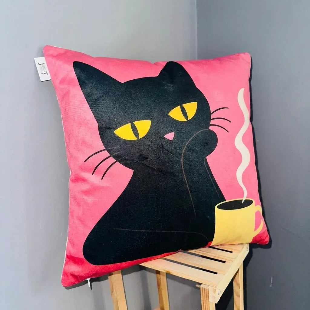 Morning Brew Cat – Premium Velvet Cushion Cover (16x16)