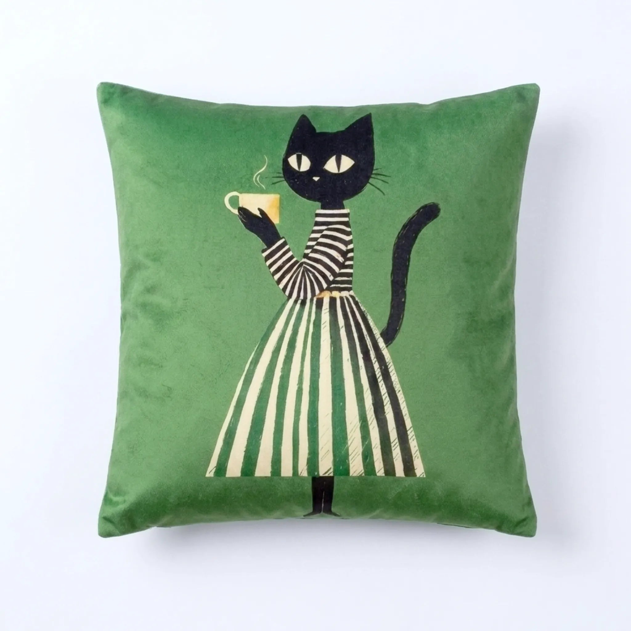 Teatime Cat – Premium Velvet Suede Cushion Cover (18x18)