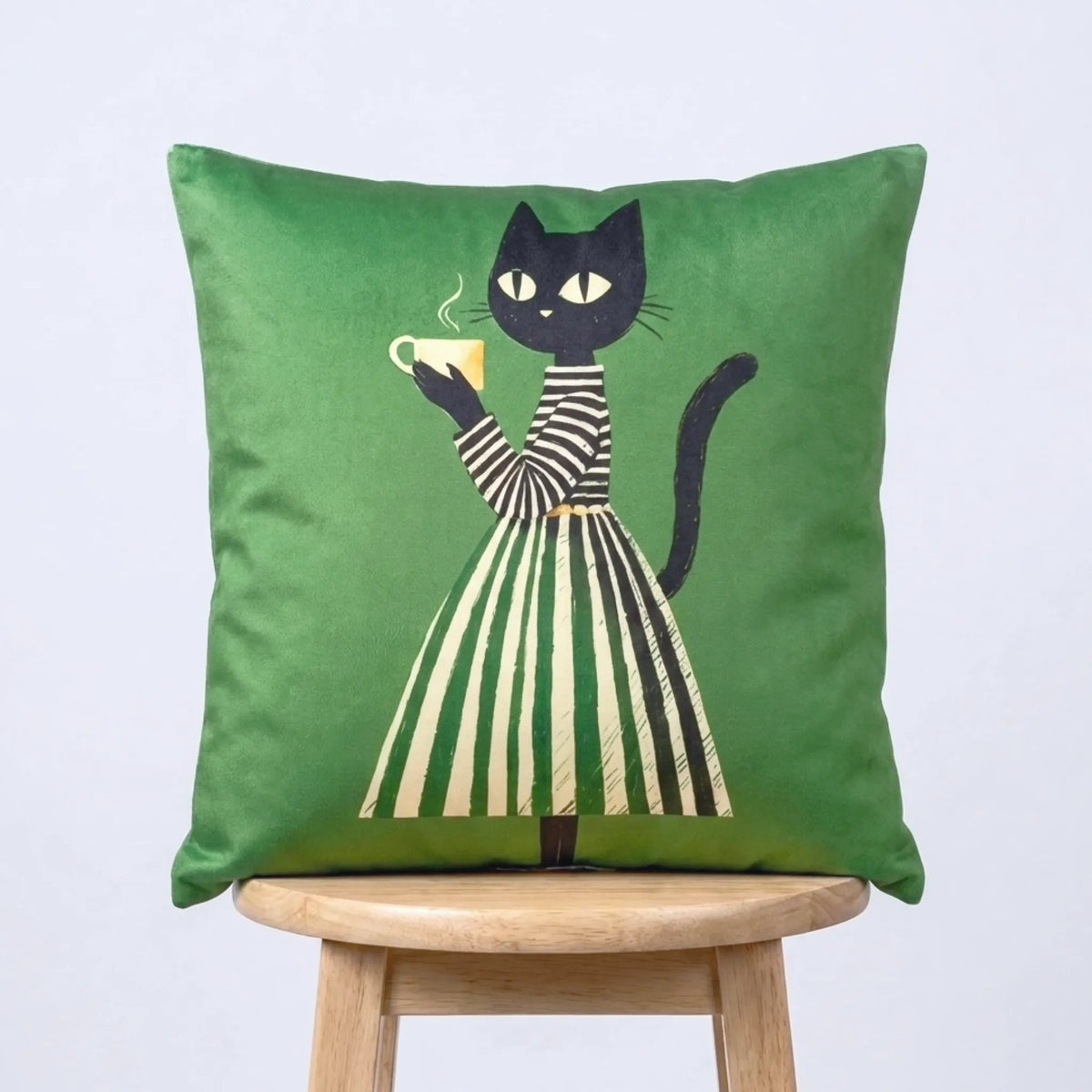 Teatime Cat – Premium Velvet Suede Cushion Cover (18x18)