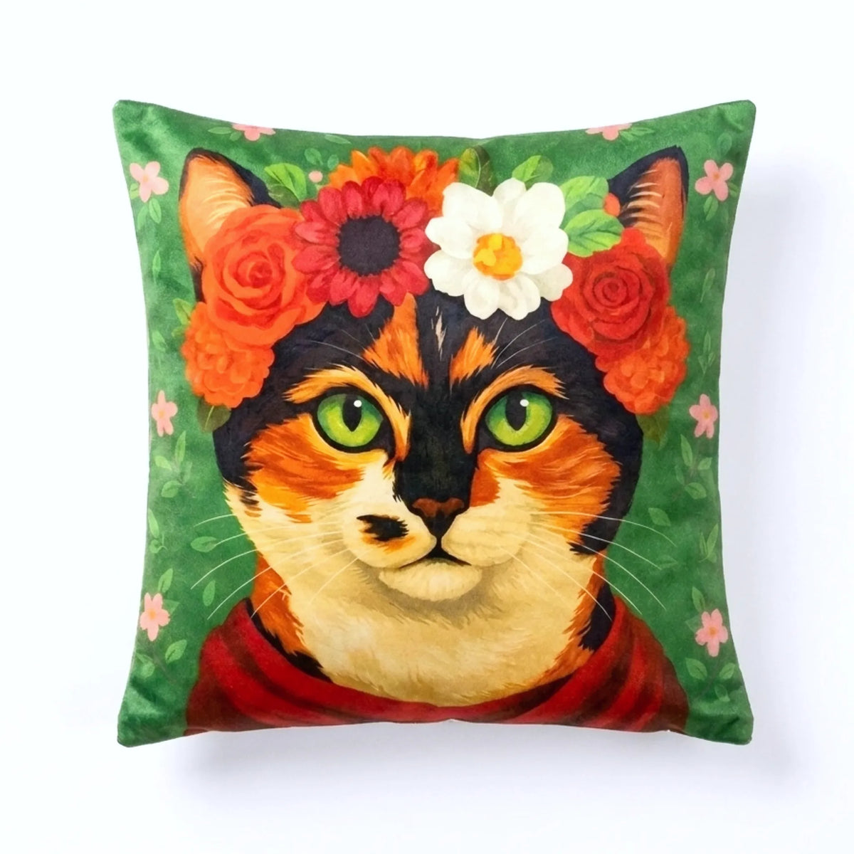 Flower Crown Cat – Premium Velvet Suede Cushion Cover (18x18)