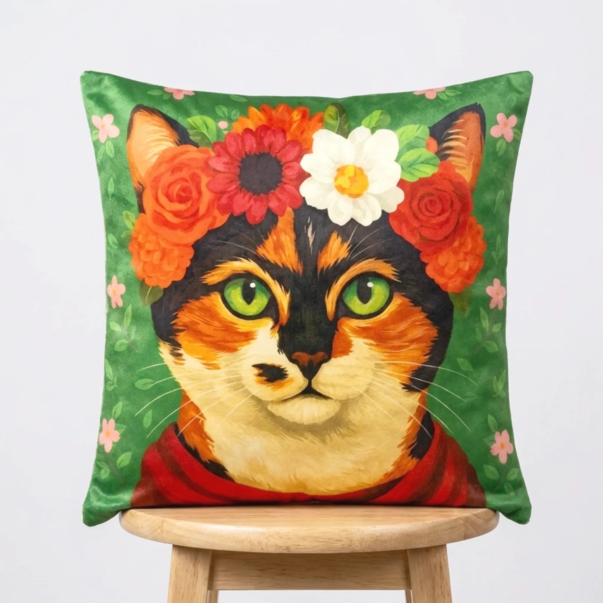 Flower Crown Cat – Premium Velvet Suede Cushion Cover (18x18)