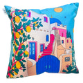 Decorative pillow with colorful Mediterranean scene design on a white background
