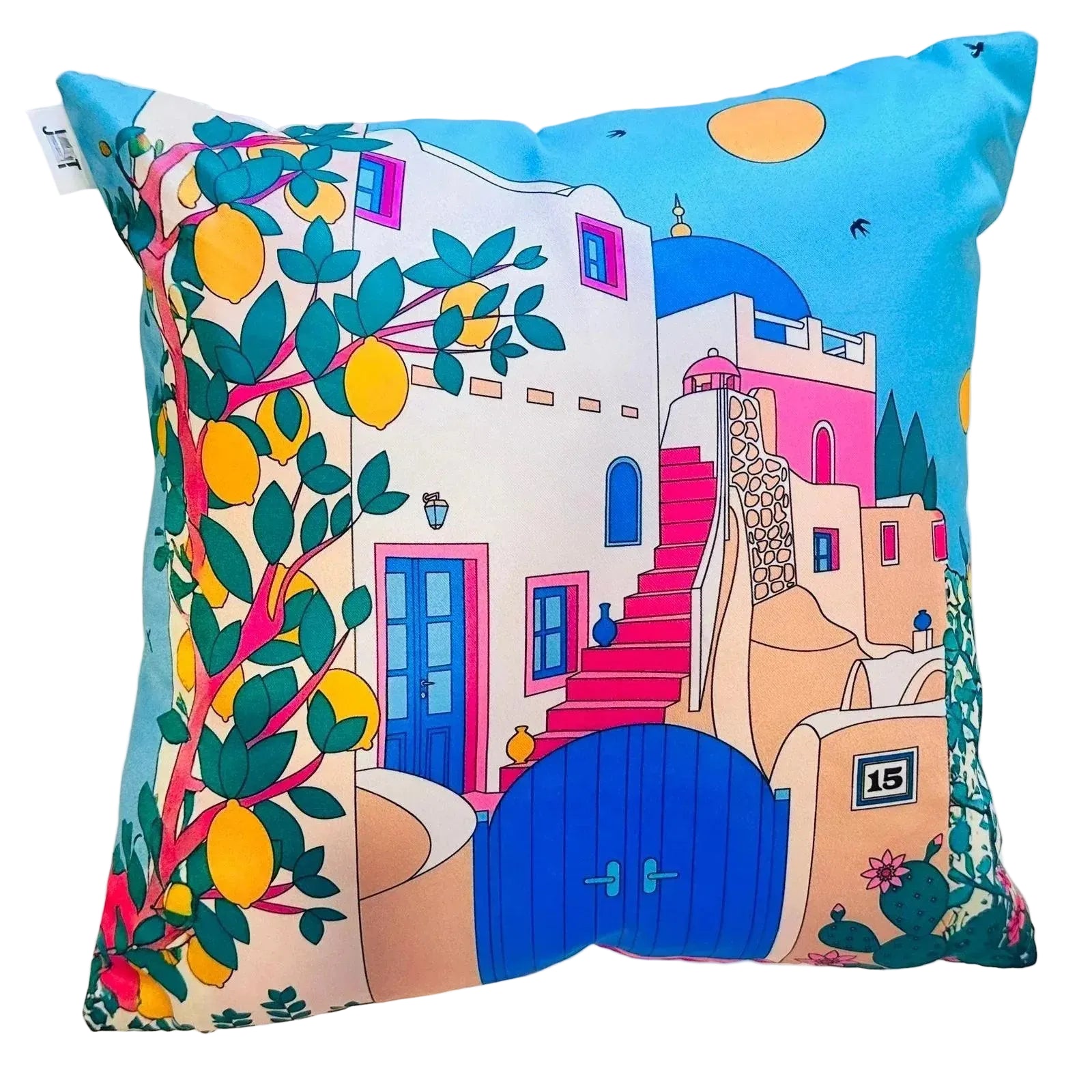 Decorative pillow with colorful Mediterranean scene design on a white background