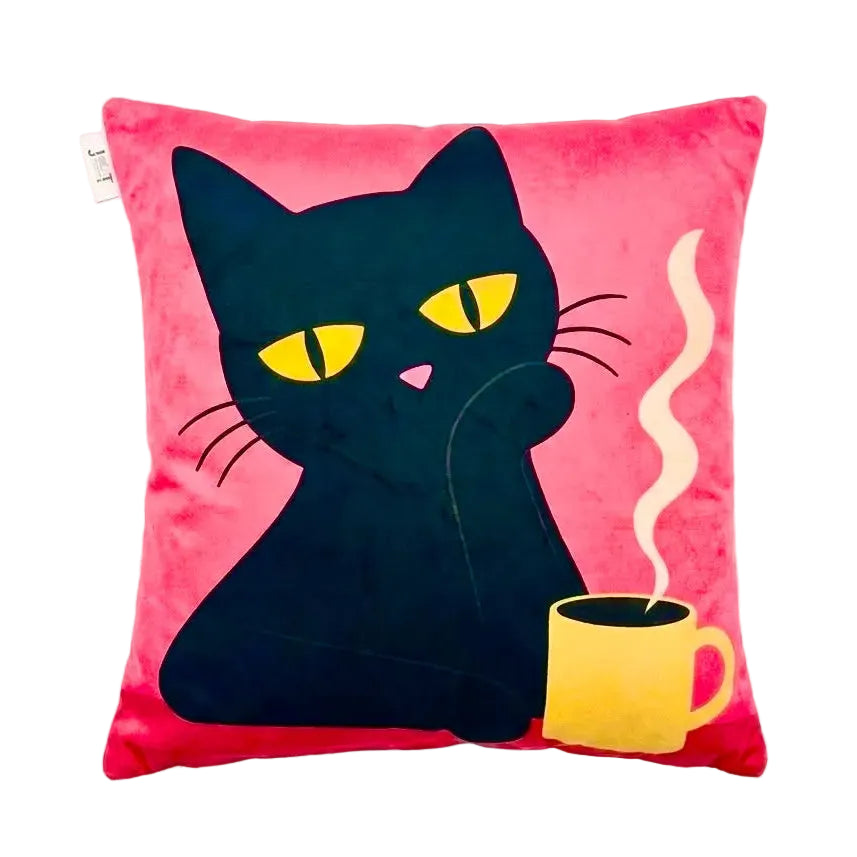 Morning Brew Cat – Premium Velvet Cushion Cover (16x16)